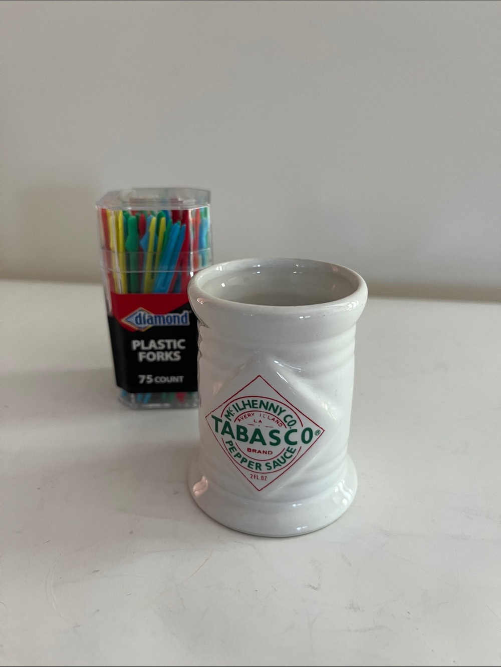Tabasco White Ceramic Jar with Green and Red Diamond Logo